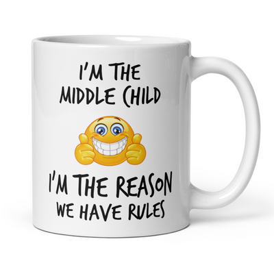 Middle Child Rules Mug V2 - 11oz White Glossy Ceramic Mug with Funny Emoticon Face