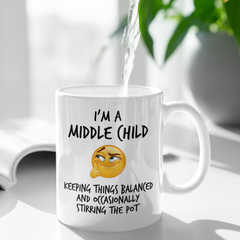 Middle Child Balance Mug V2 - 11oz White Glossy Ceramic Mug with Funny Emoticon Face