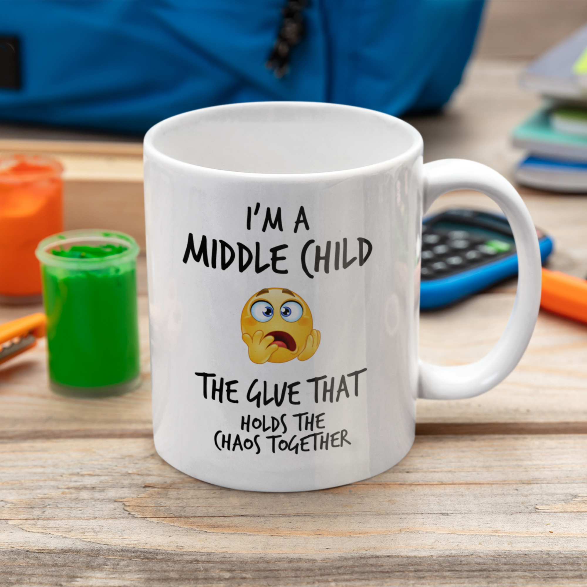 Middle Child Glue Mug V2- 11oz White Glossy Ceramic Mug with Funny Emoticon Face