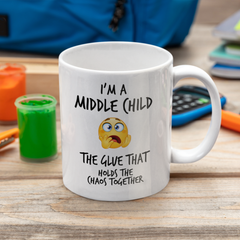 Middle Child Glue Mug V2- 11oz White Glossy Ceramic Mug with Funny Emoticon Face