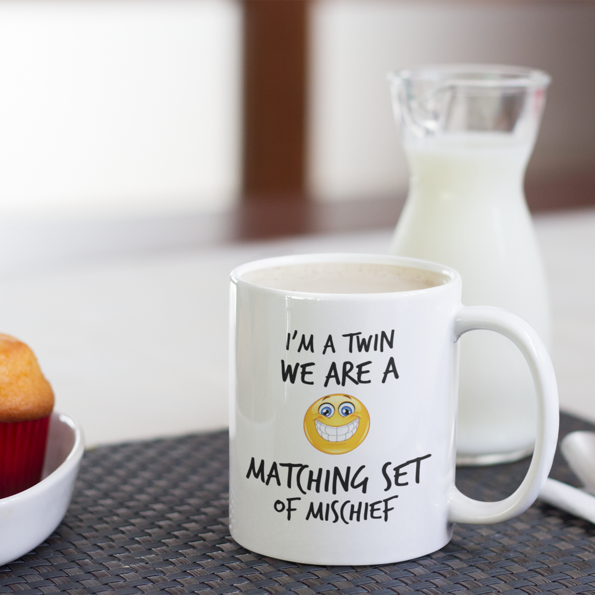 Twin Mischief Male Mug V2 - 11oz White Glossy Ceramic Mug with Funny Emoticon Face
