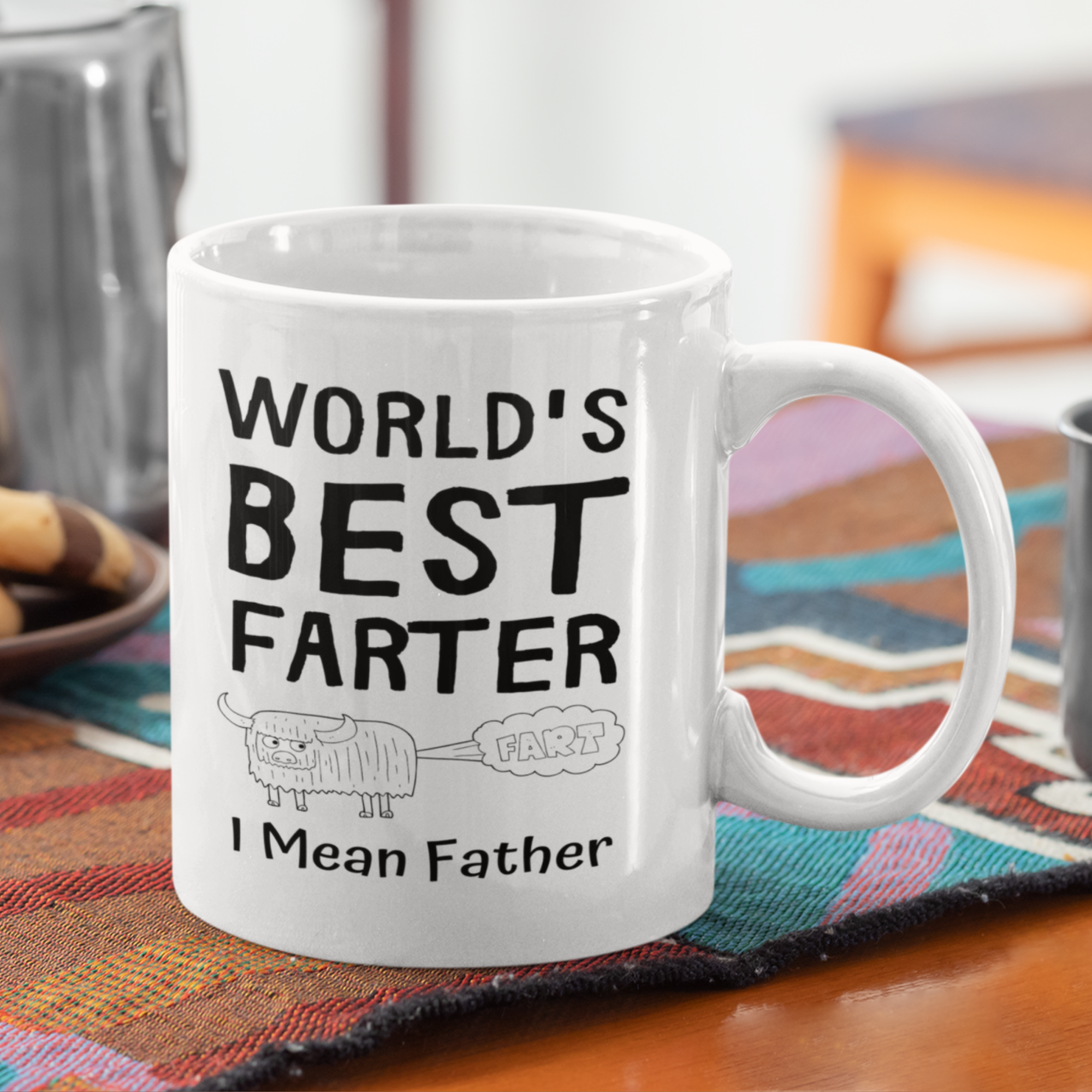 World's Best Farter I Mean Father 11oz White Glossy Ceramic Mug with Cartoon Ox Graphic
