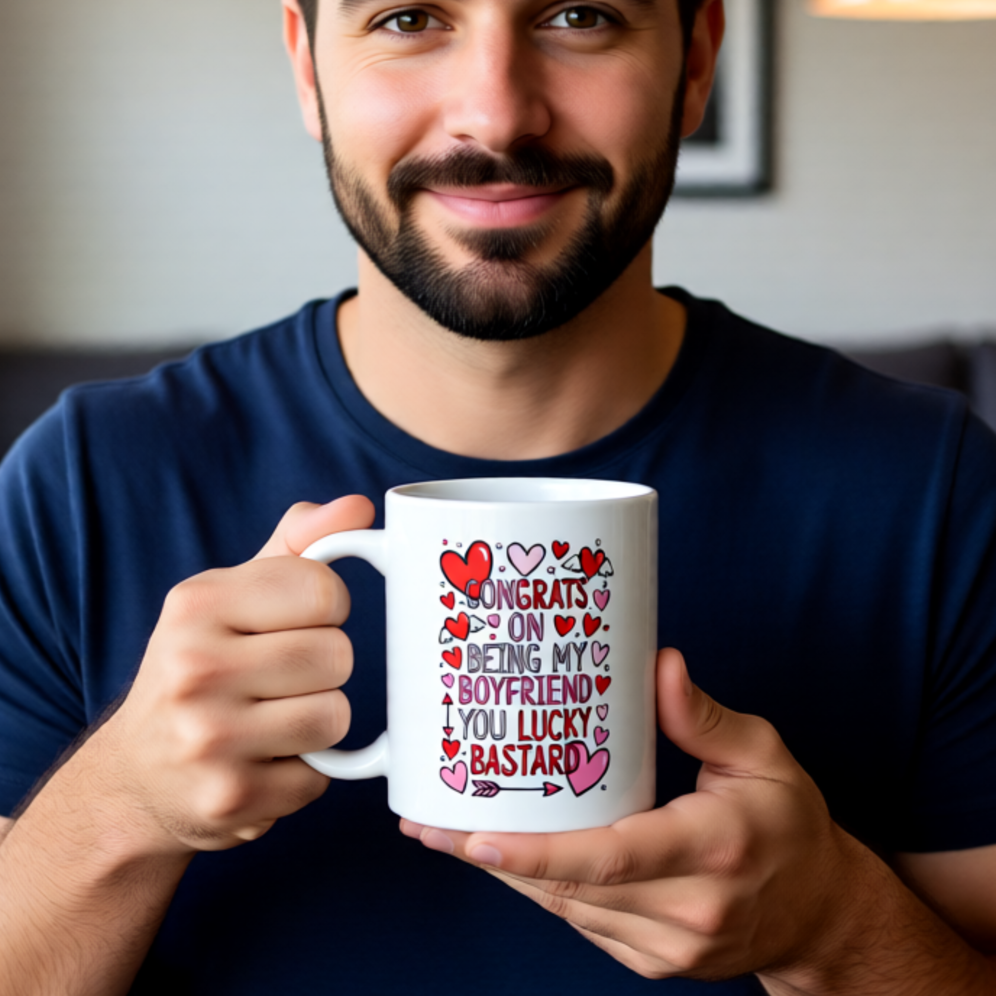 Congrats On Being My Boyfriend You Lucky Bastard 11oz White Glossy Ceramic Mug with Hearts - Funny Romantic Boyfriend Gift