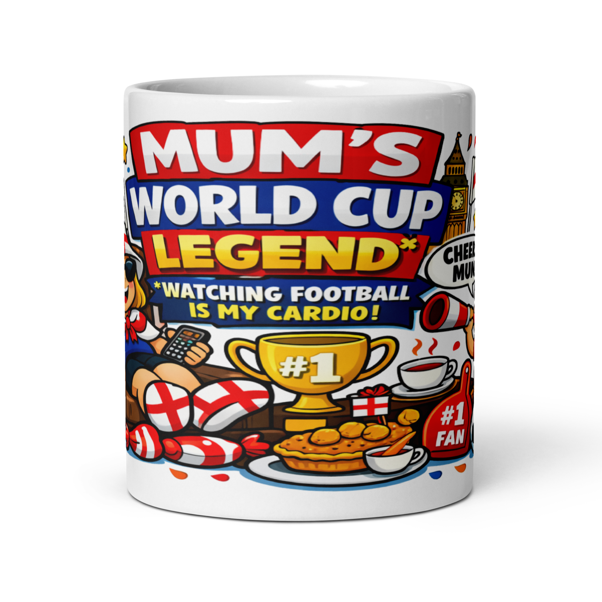 Mum's World Cup Legend Watching Football Is My Cardio 11oz White Glossy Ceramic Mug - Funny Football Mum Gift