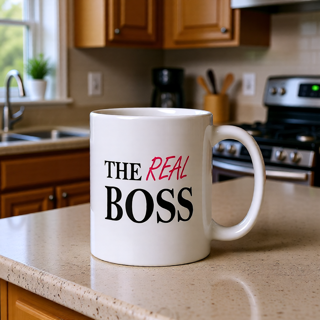 The Real Boss 11oz White Glossy Ceramic Mug - Funny Couples Boss Set (Pairs with "The Boss")