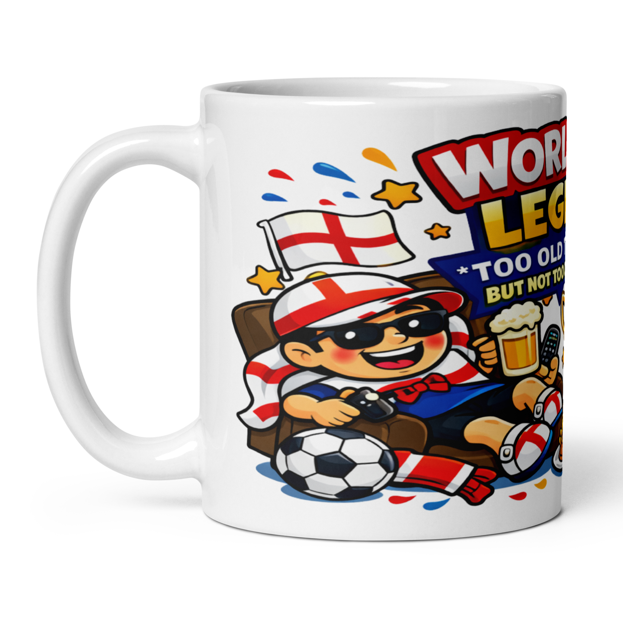 Dad's World Cup Legend Too Old To Play But Not Too Old To Cheer 11oz White Glossy Ceramic Mug - Funny Football Fan Gift