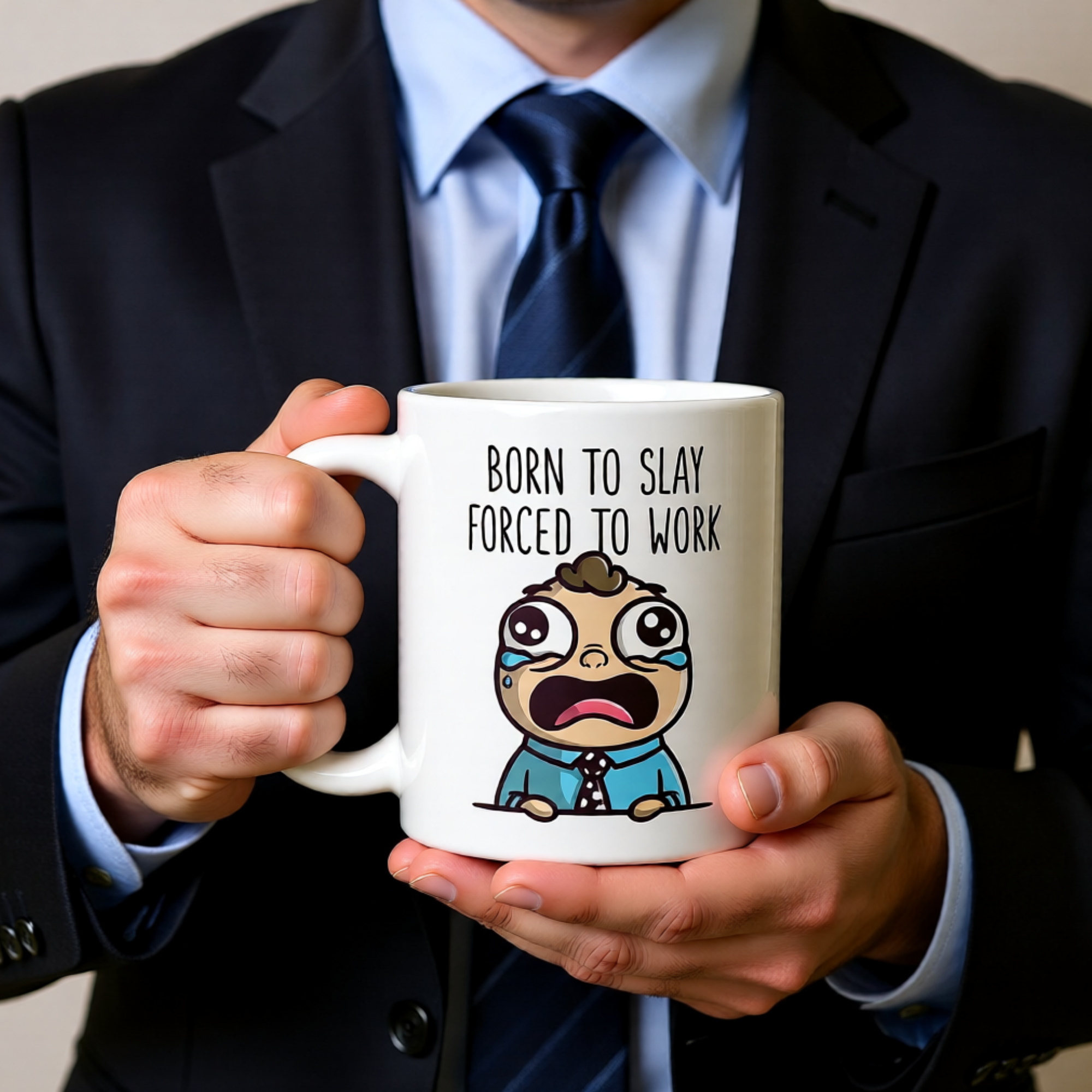 Born to Slay Forced to Work Mug - Funny Office Humour Gift 11oz Ceramic Coffee Mug with Worker Graphic