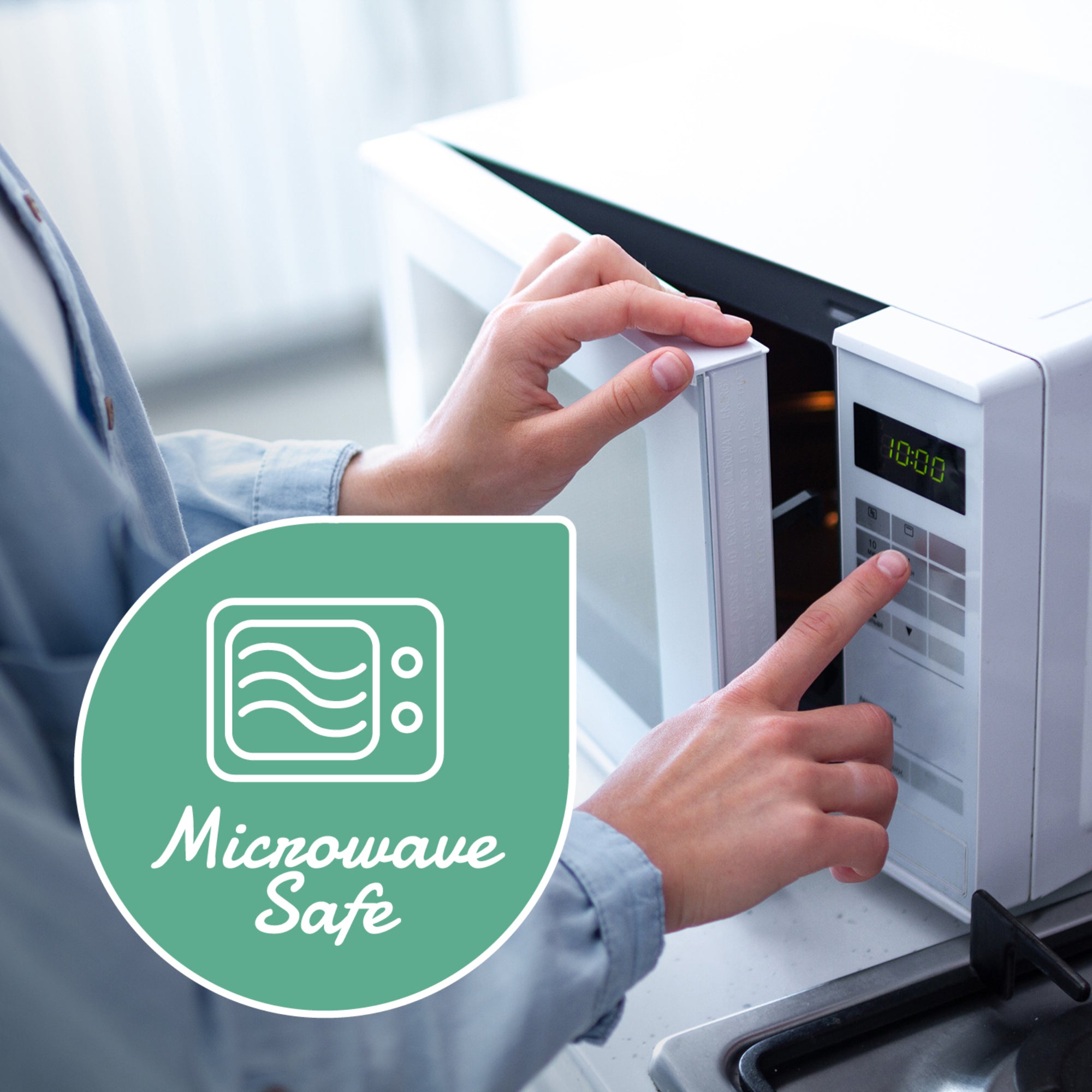 Microwave safe badge with person pressing buttons on microwave kitchen scene