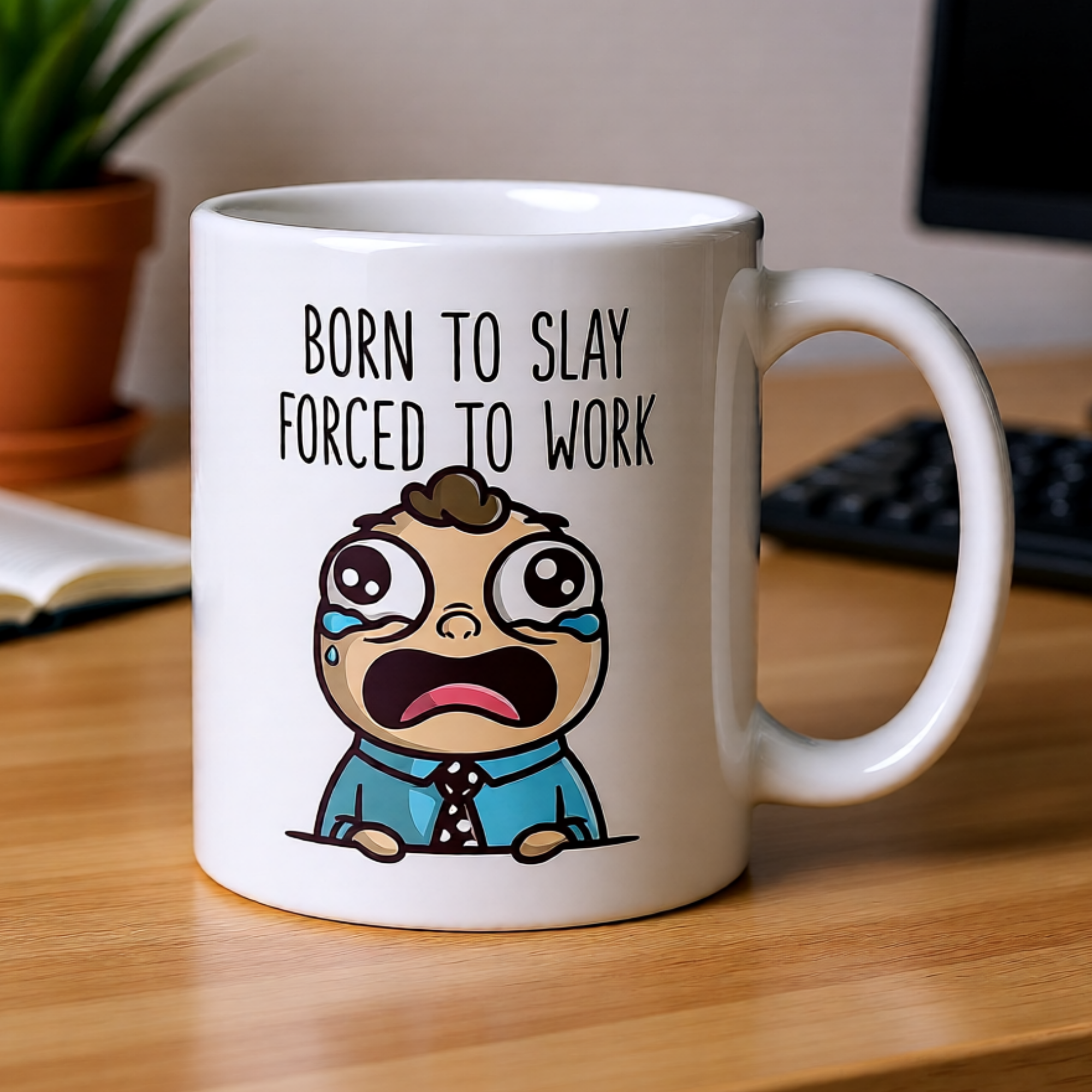 Born to Slay Forced to Work Mug - Funny Office Humour Gift 11oz Ceramic Coffee Mug with Worker Graphic