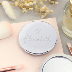 Personalised Silver Heart Motif Round Compact mirror