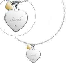 Personalised Sterling Silver Heart Locket Necklace with Diamond and 9ct Gold Charm