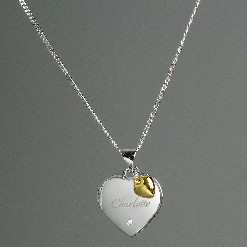 Personalised Sterling Silver Heart Locket Necklace with Diamond and 9ct Gold Charm