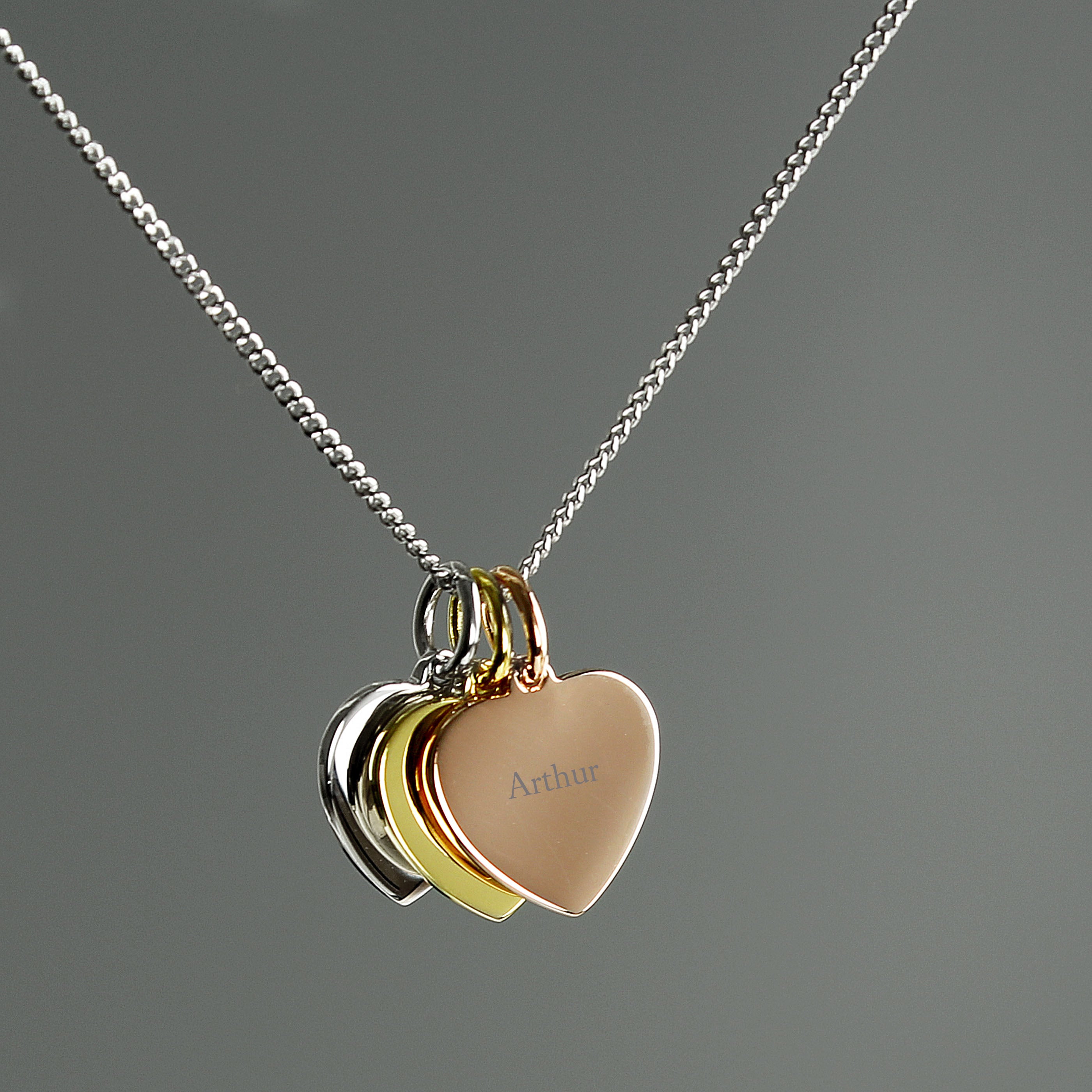 Personalised Names Gold Rose Gold and Silver Three Hearts Necklace