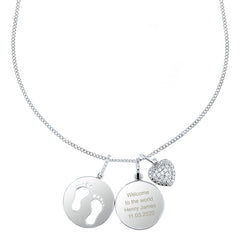 Personalised Sterling Silver Footprints and Cubic Zirconia Heart Necklace