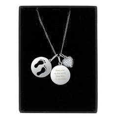 Personalised Sterling Silver Footprints and Cubic Zirconia Heart Necklace