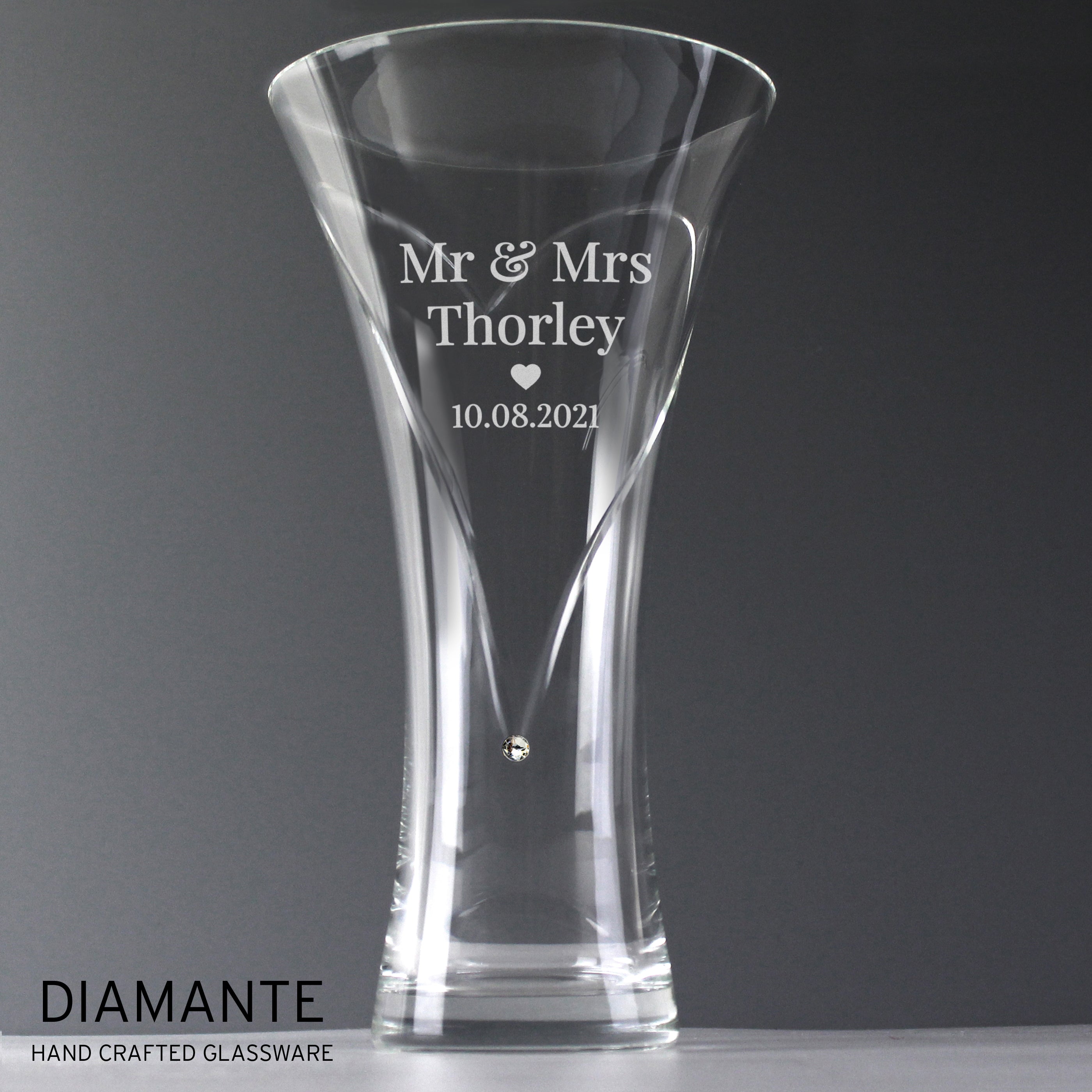 Personalised Mr & Mrs Large Hand Cut Diamante Heart Vase