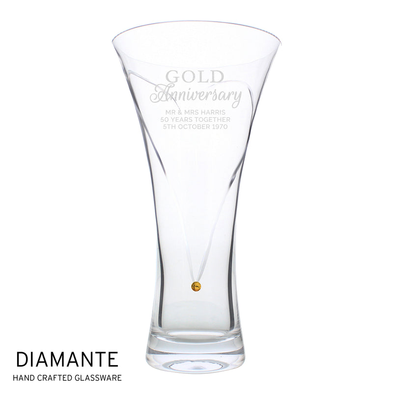 Personalised Gold Anniversary Large Hand Cut Diamante Heart Vase