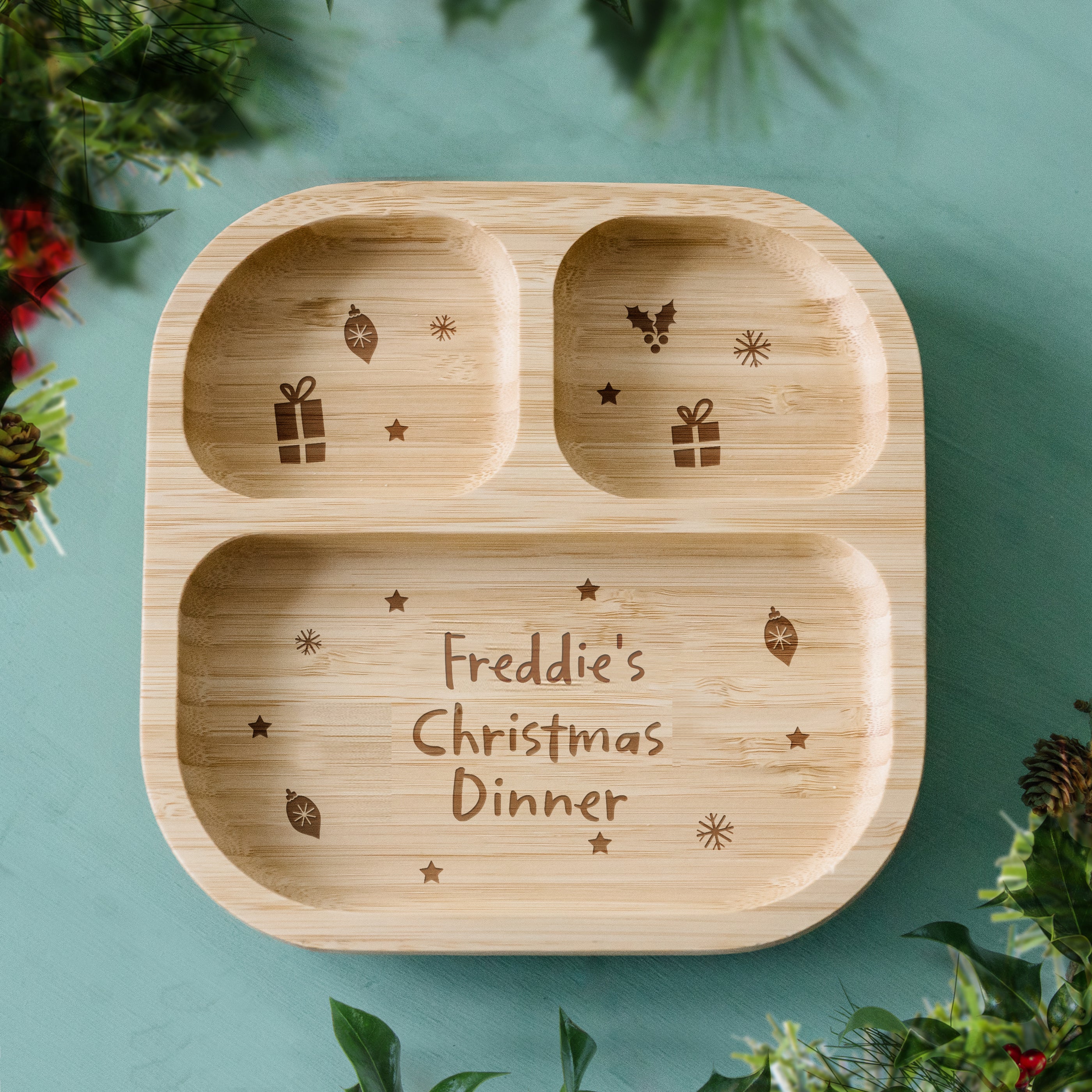 Personalised Christmas Dinner Bamboo Suction Plate