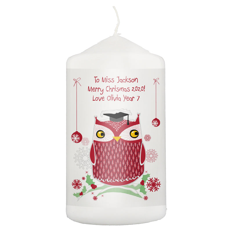 Personalised Christmas Owl Teacher Pillar Candle