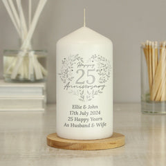 Personalised 25th Silver Wedding Anniversary Pillar Candle