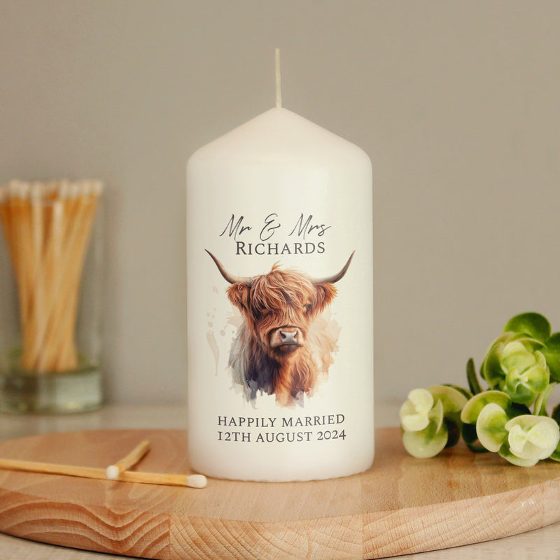 Personalised Highland Cow Pillar Candle