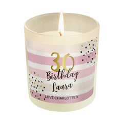 Personalised Birthday Gold and Pink Stripe Scented Jar Candle