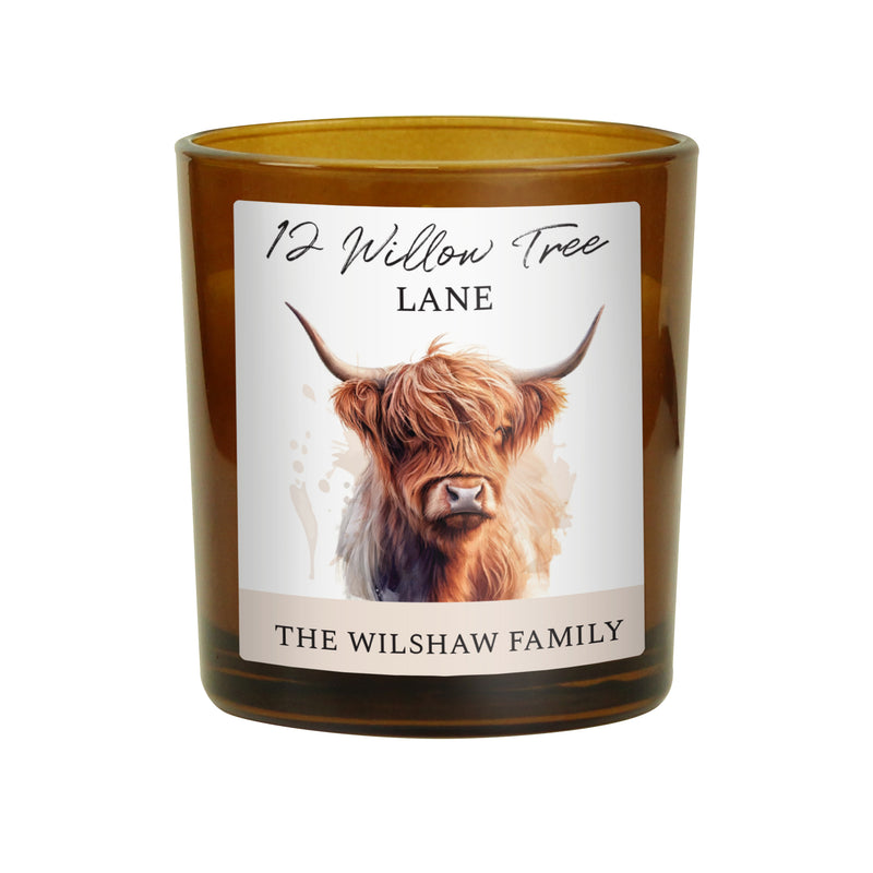 Personalised Highland Cow Amber Glass Candle