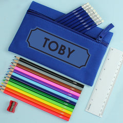 Blue Pencil Case with Personalised Pencils & Crayons