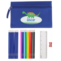 Blue Dinosaur Pencil Case with Personalised Pencils & Crayons