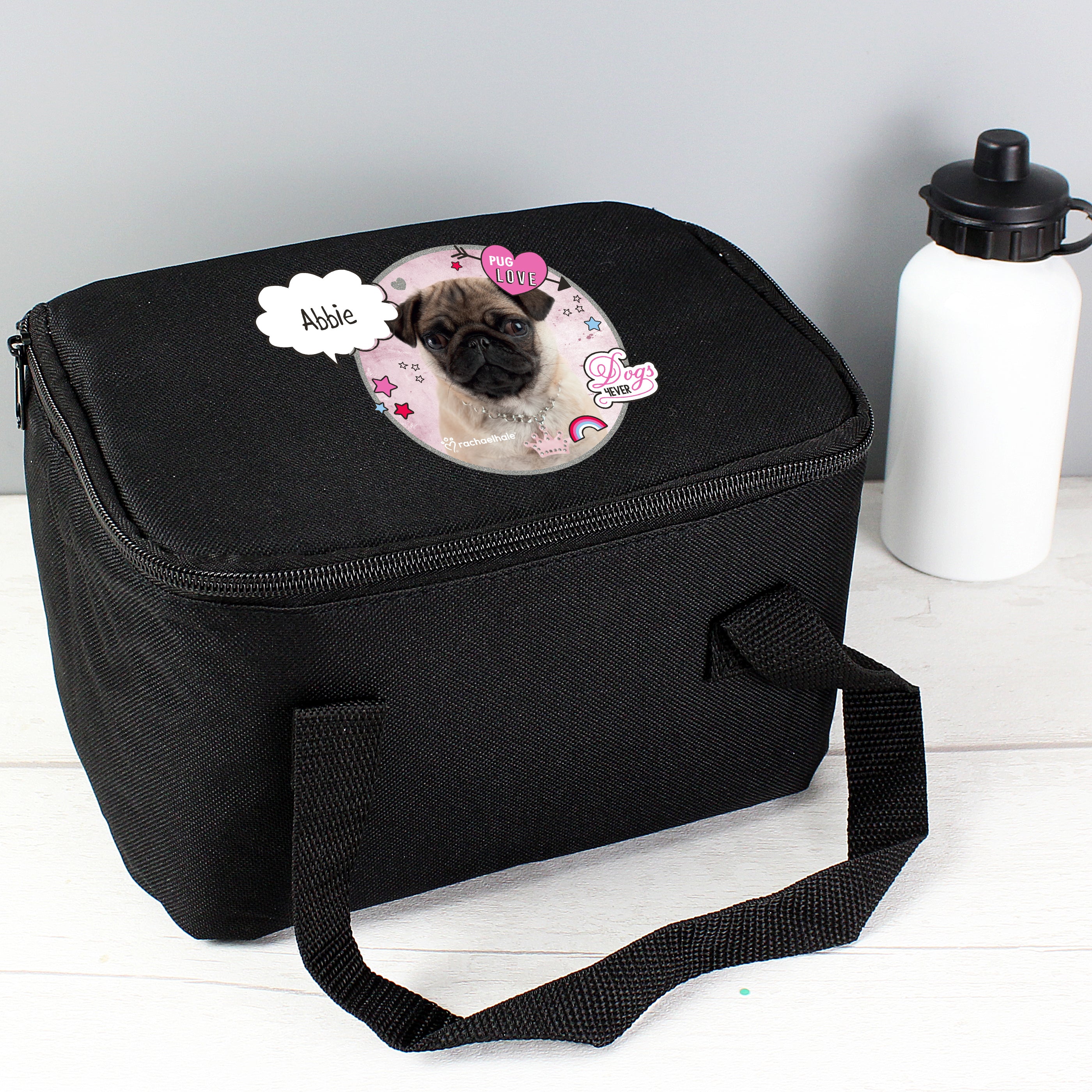Personalised Rachael Hale Doodle Pug Black Lunch Bag