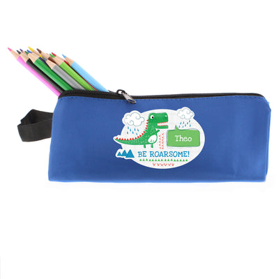 Personalised 'Be Roarsome' Dinosaur Blue Pencil Case