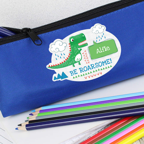 Personalised 'Be Roarsome' Dinosaur Blue Pencil Case