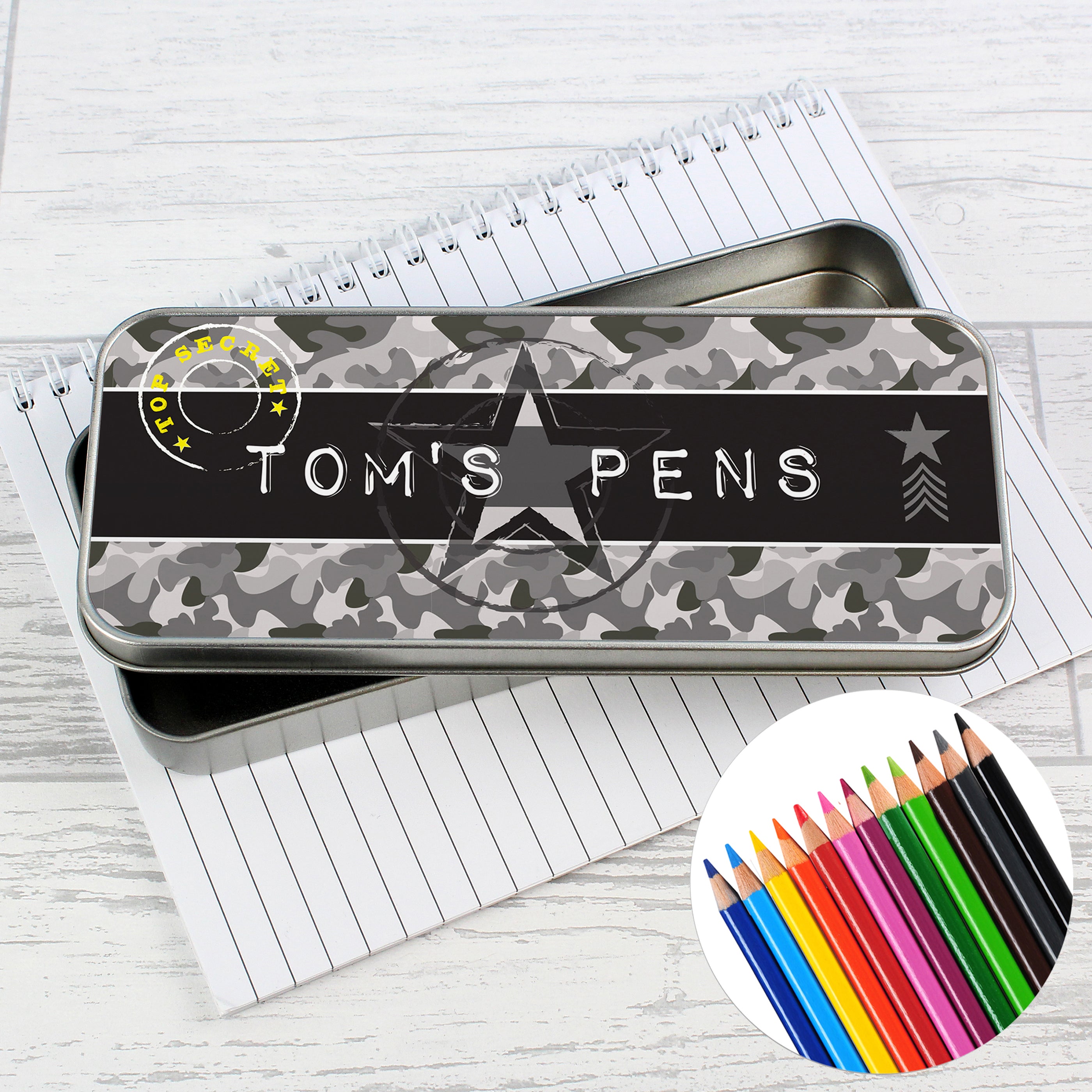 Personalised Army Camo Pencil Tin with Pencil Crayons