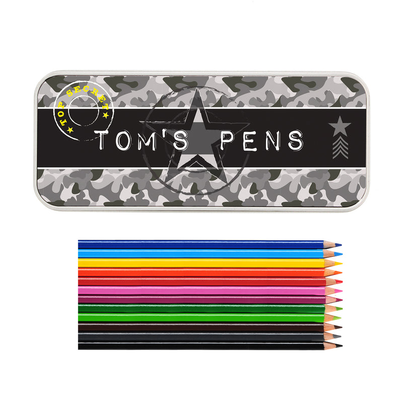 Personalised Army Camo Pencil Tin with Pencil Crayons