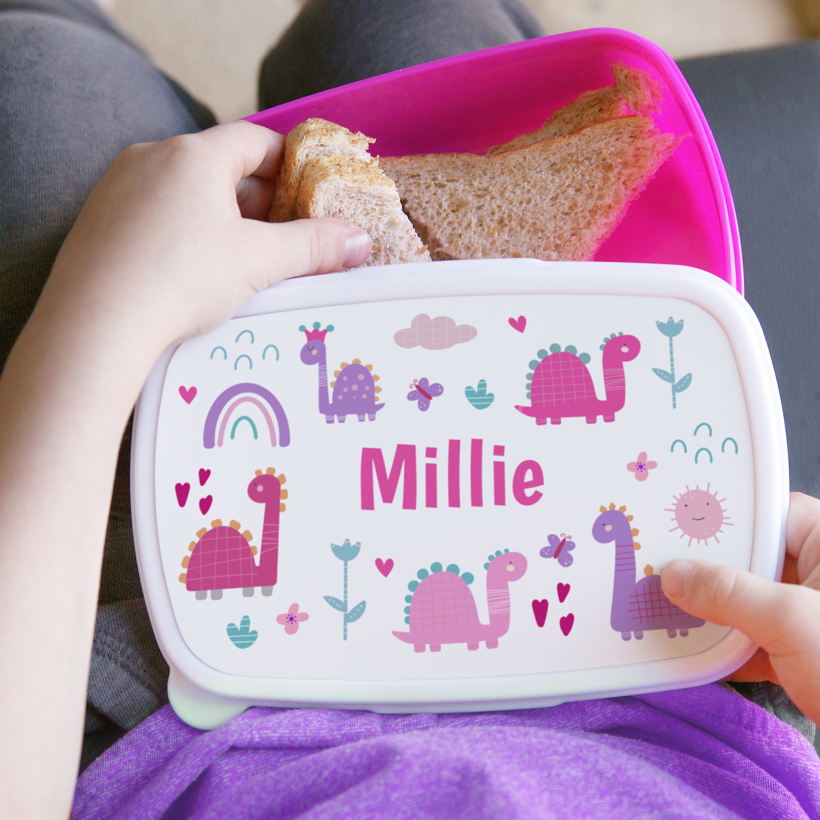 Personalised Girly Dinosaurs Name Only Pink Lunch Box