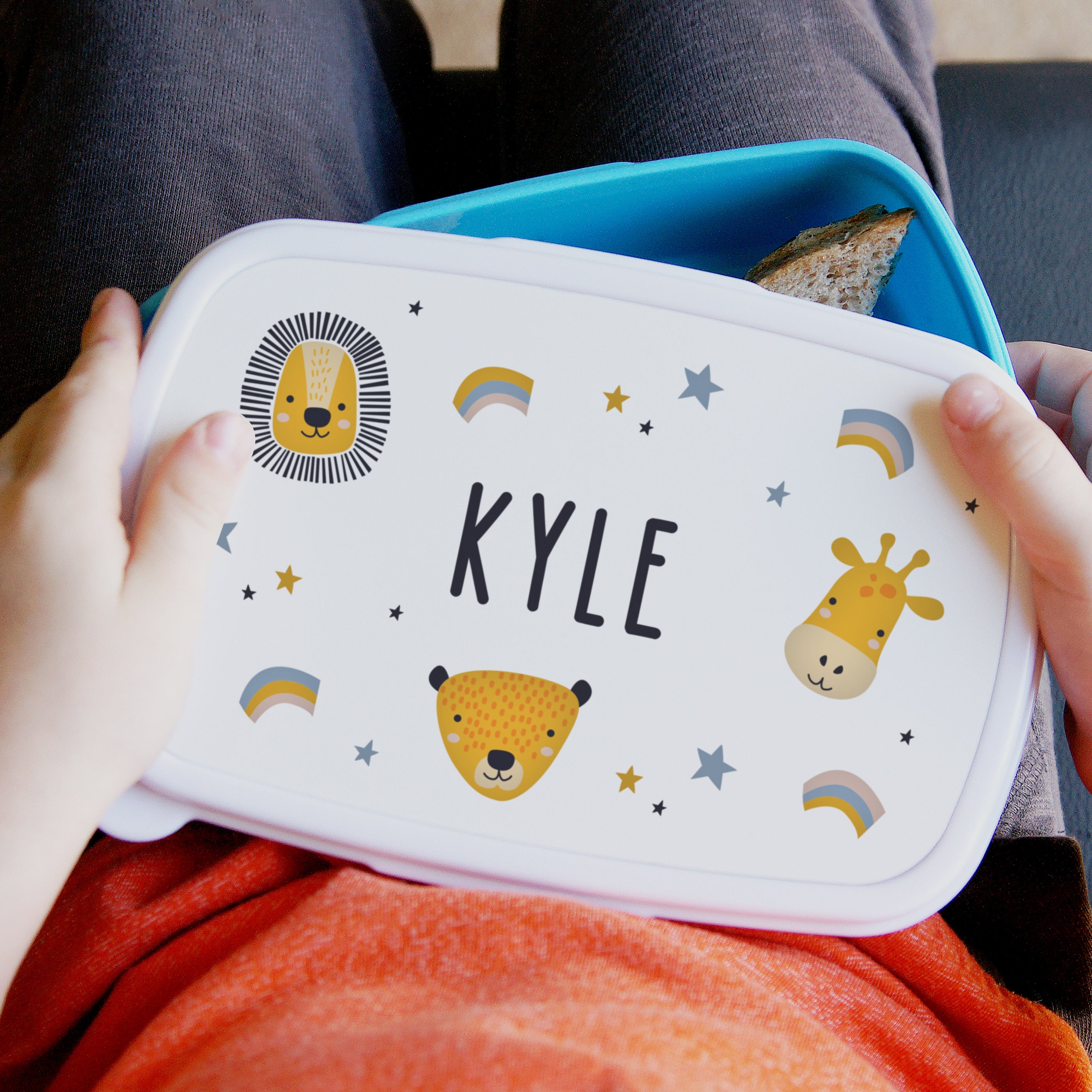 Personalised Safari Animals Name Only Blue Lunch Box