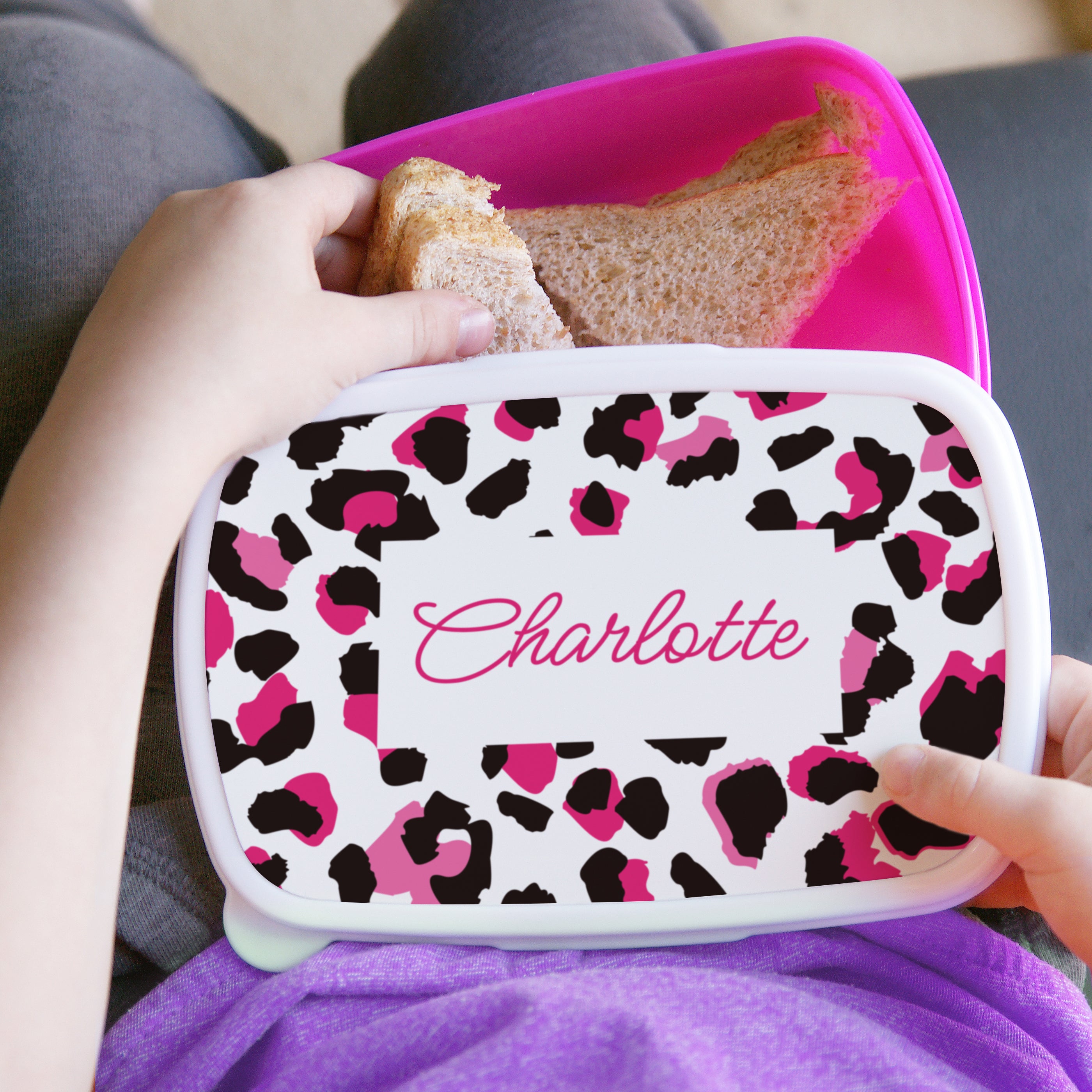 Personalised Leopard Print Name Only Pink Lunch Box