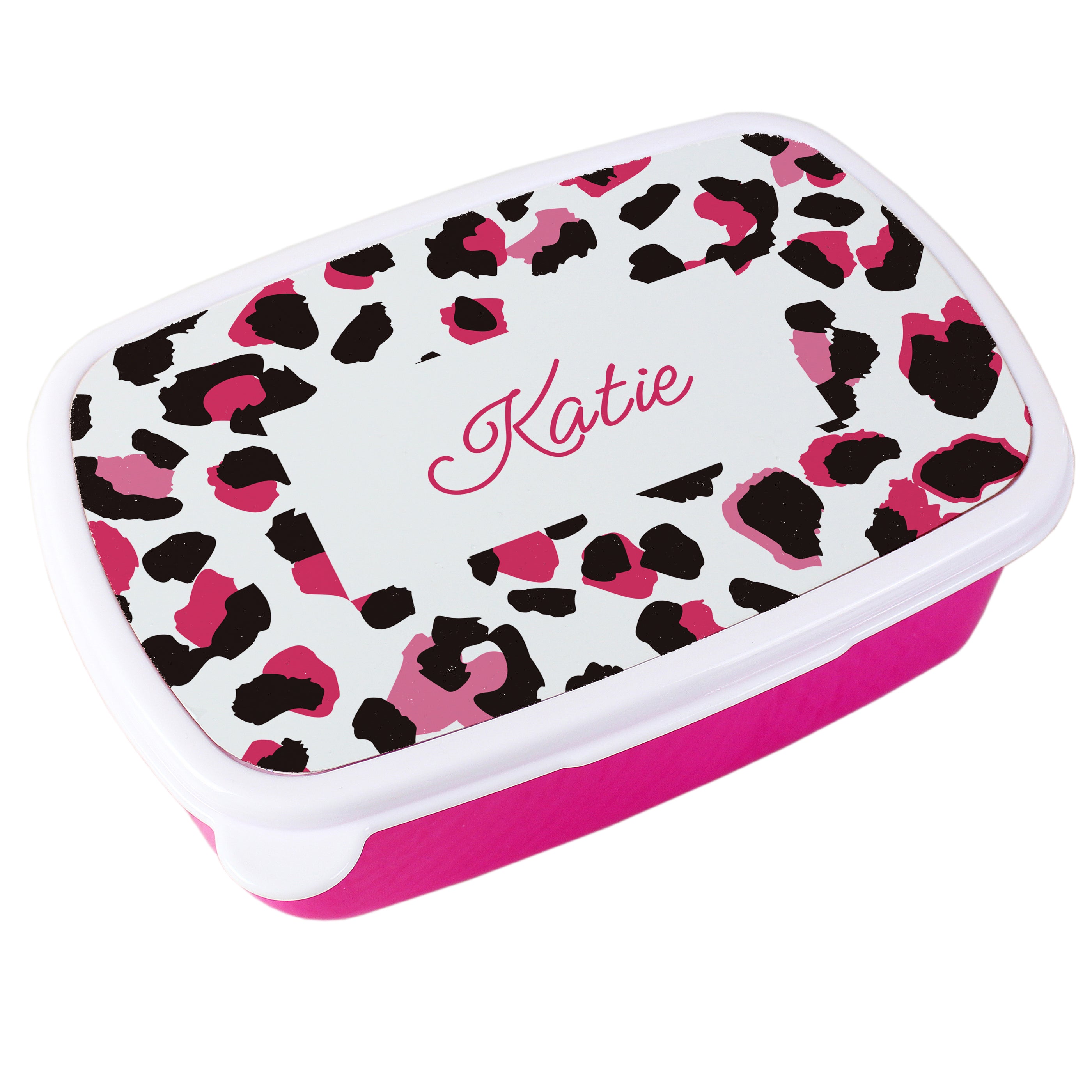 Personalised Leopard Print Name Only Pink Lunch Box