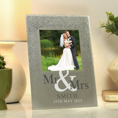 Personalised Mr & Mrs 4x4 Glitter Glass Photo Frame