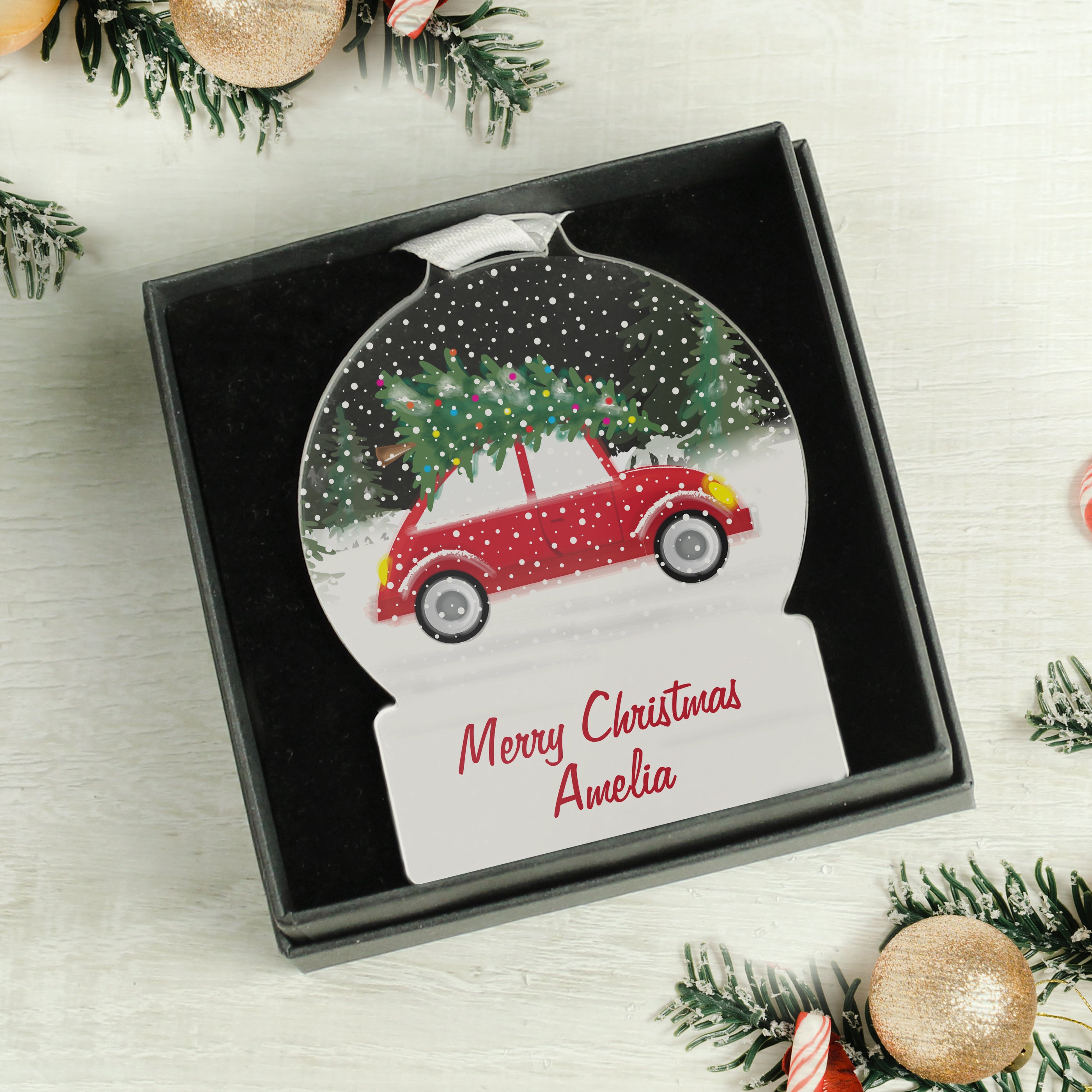 Personalised Driving Home For Christmas Acrylic Snowglobe Decoration