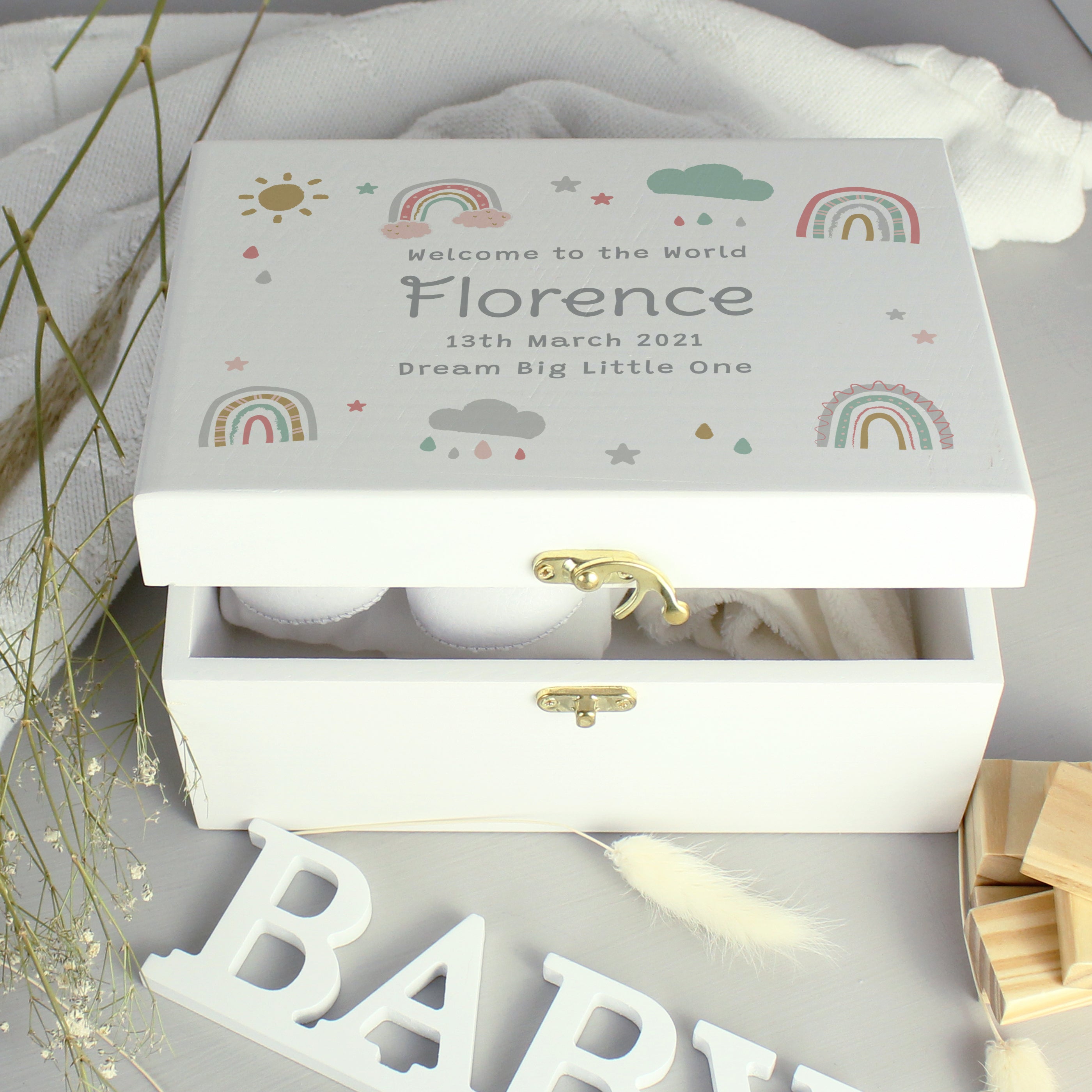 Personalised Rainbow White Wooden Keepsake Box