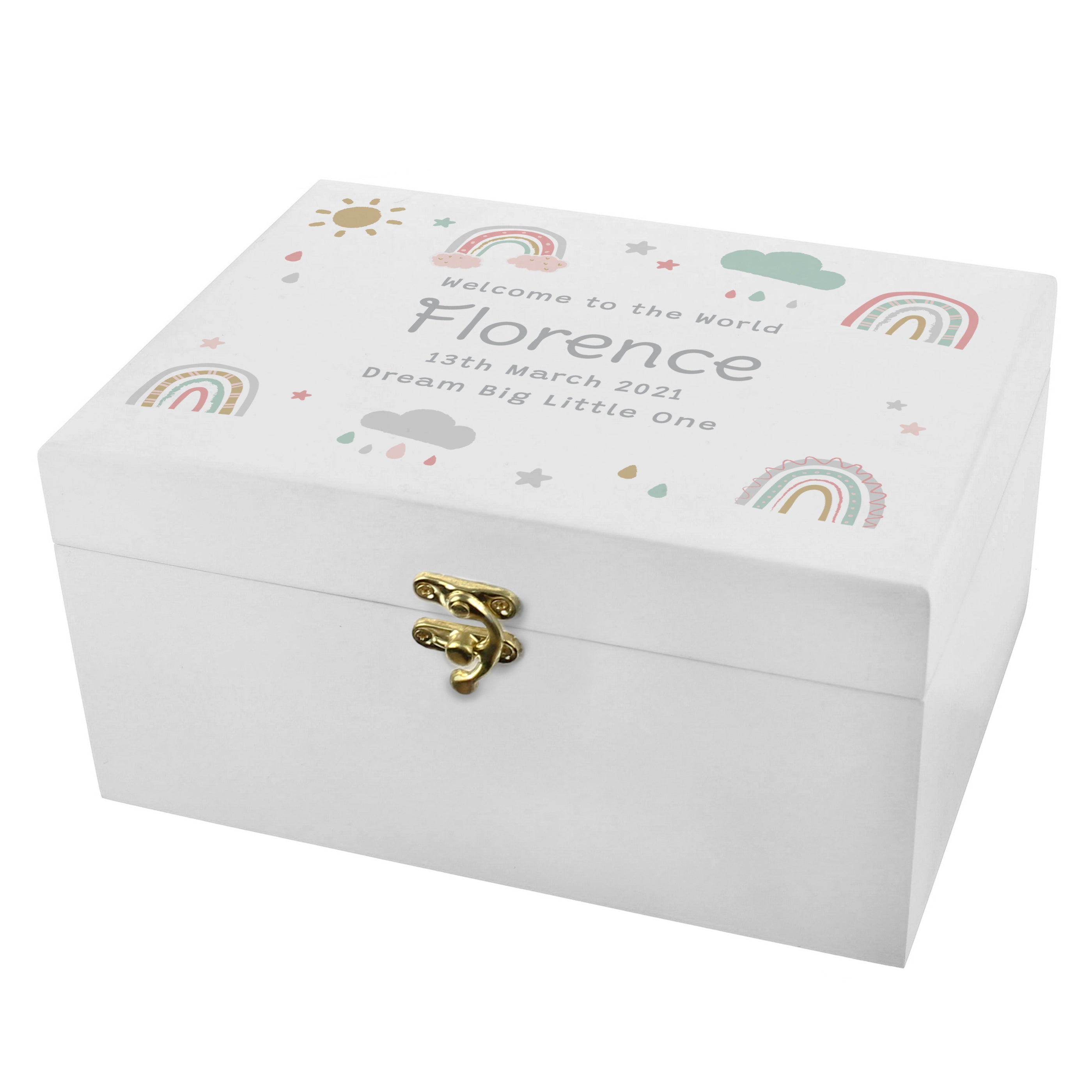 Personalised Rainbow White Wooden Keepsake Box