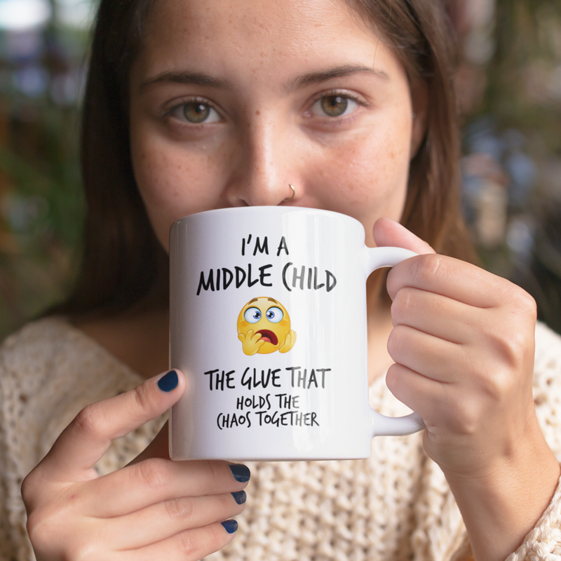 Middle Child Glue Mug V2- 11oz White Glossy Ceramic Mug with Funny Emoticon Face
