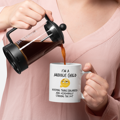 Middle Child Balance Mug V2 - 11oz White Glossy Ceramic Mug with Funny Emoticon Face