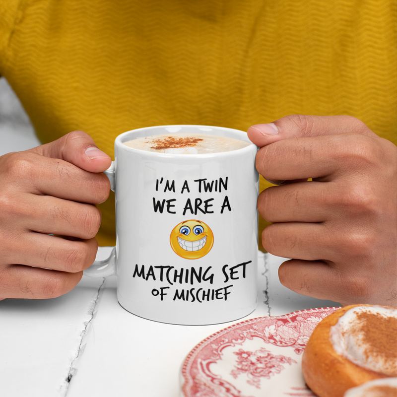 Twin Mischief Male Mug V2 - 11oz White Glossy Ceramic Mug with Funny Emoticon Face