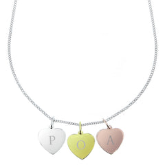 Personalised Initials Gold Rose Gold and Silver Three Hearts Necklace Wth White Background