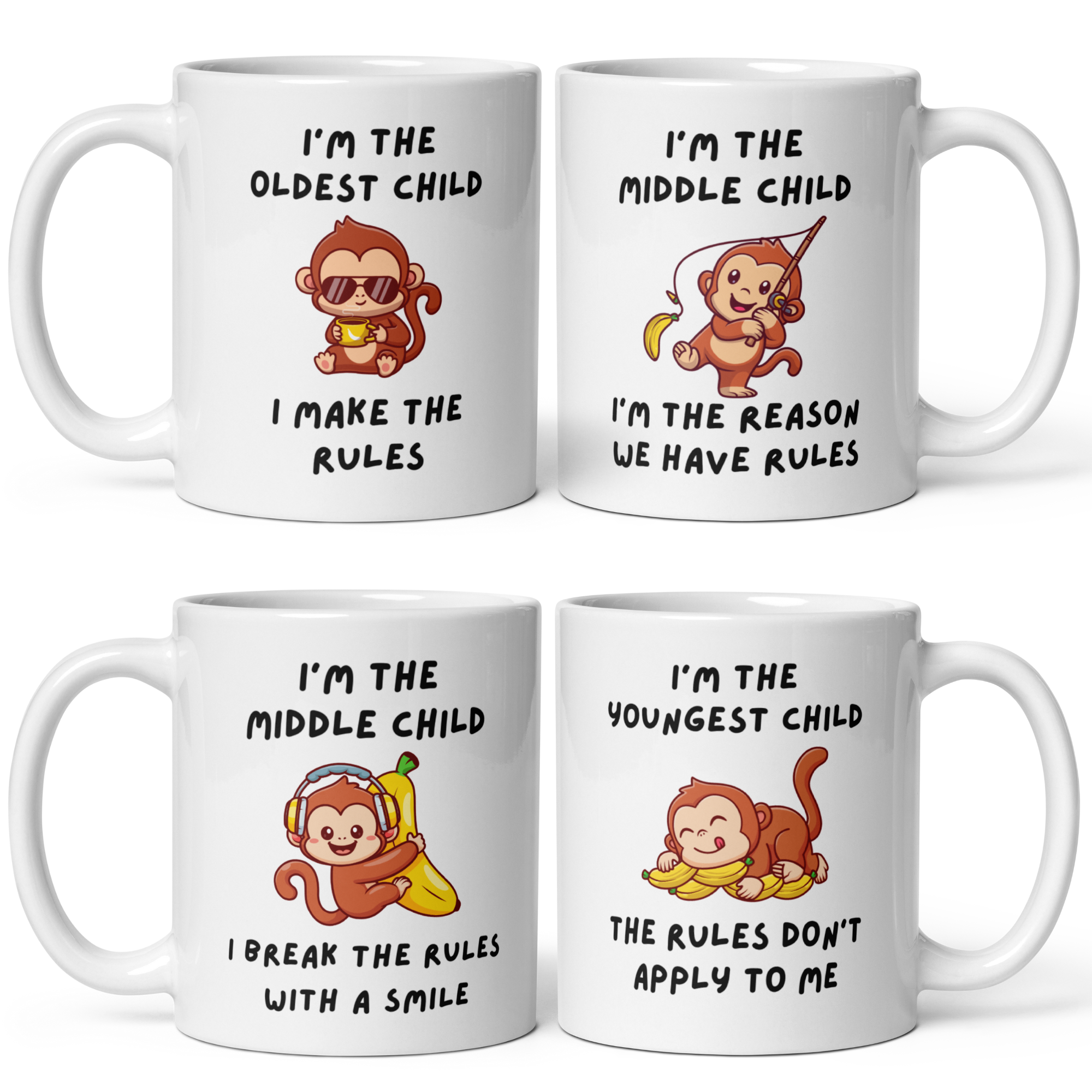 Cheeky Monkey Sibling Mug Set – Oldest Child, Middle Child (x2), Youngest Child | 4 White Glossy Ceramic Coffee Mugs, 11oz Fun Birth Order Gift