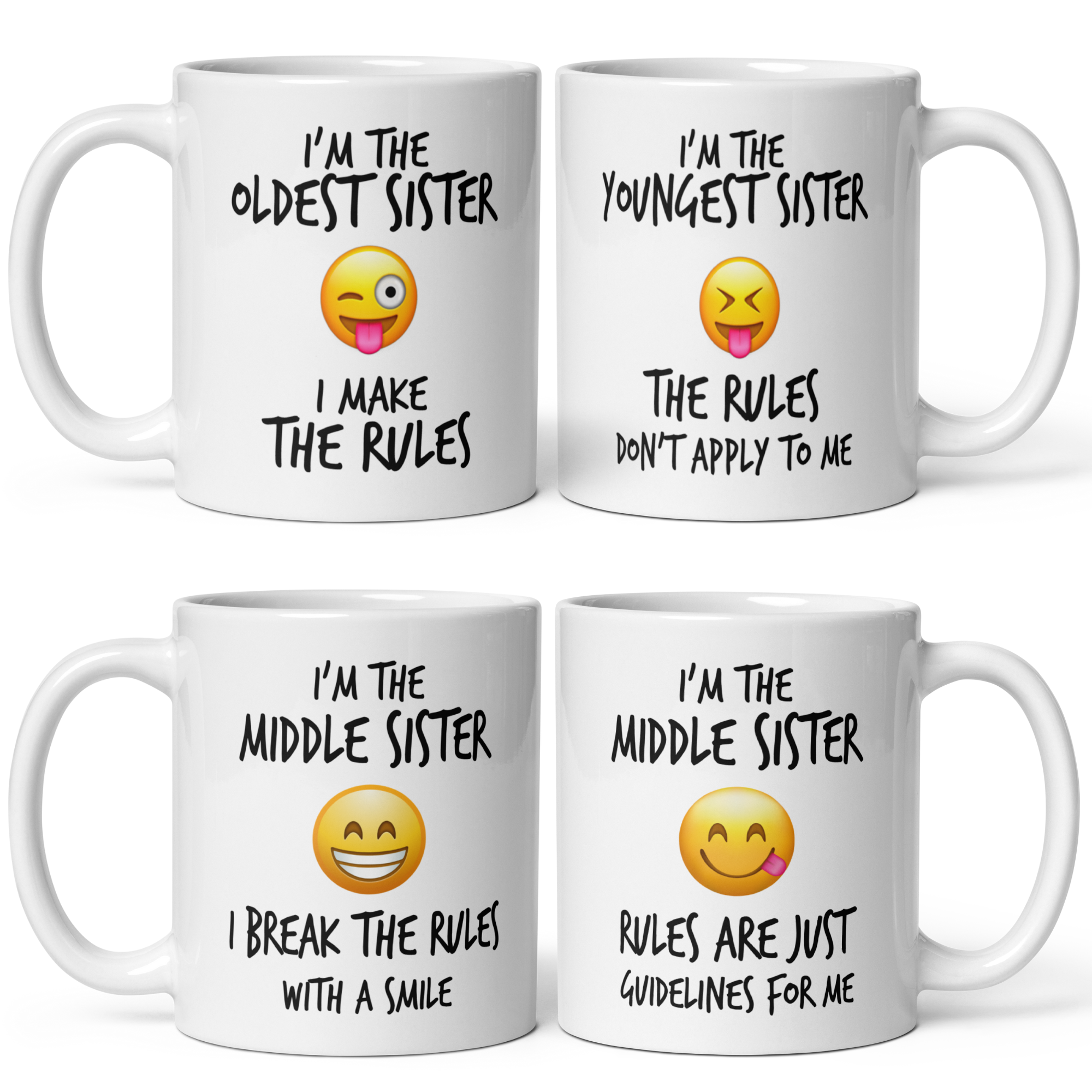 Sister Rules 11oz White Glossy Ceramic Mugs - Single and Sets of 2/3/4