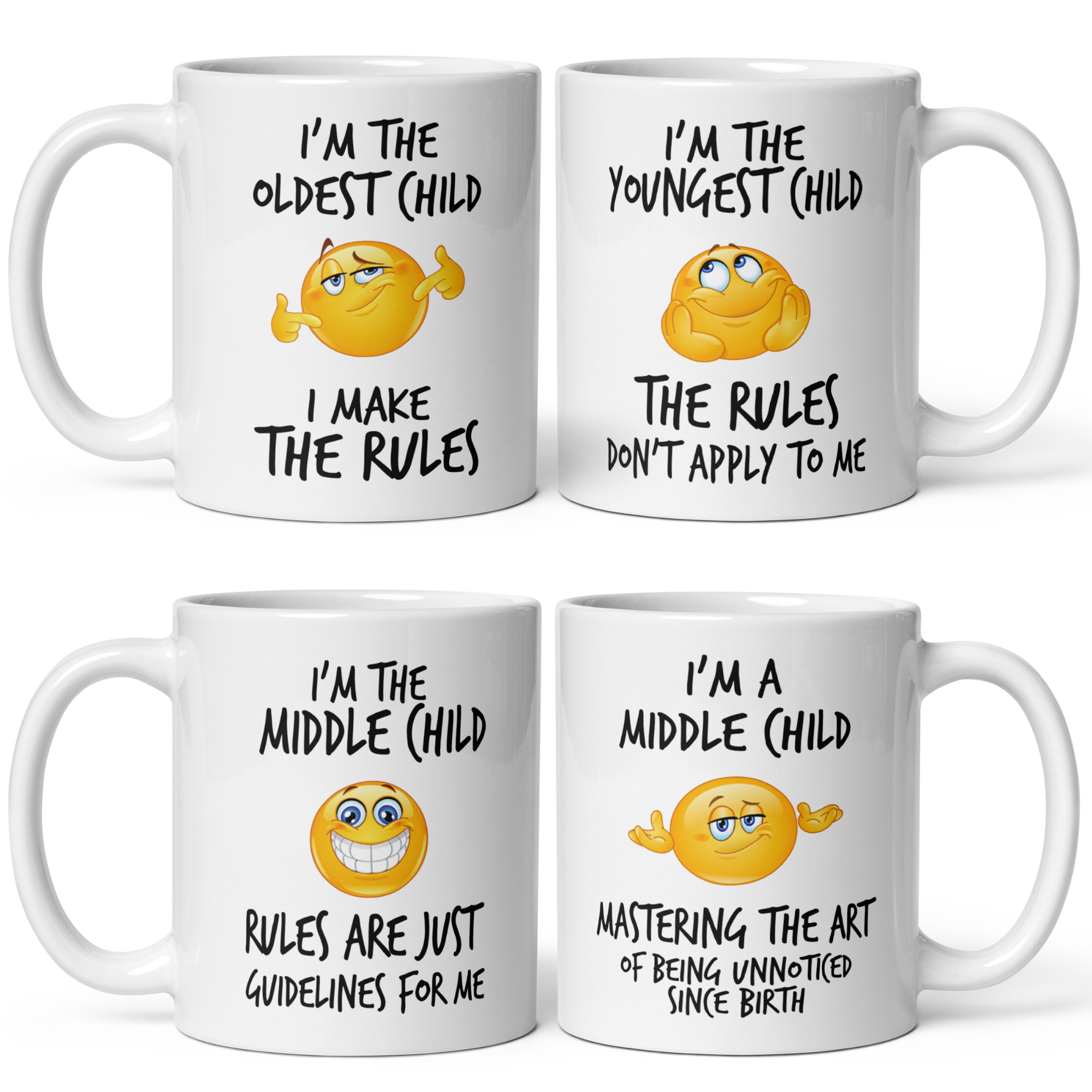Sibling Rules Mug Set V2 - 4 White Glossy 11oz Ceramic Mugs for Oldest, Middle (x2), and Youngest - Hilarious Family Gift Idea (Copy)