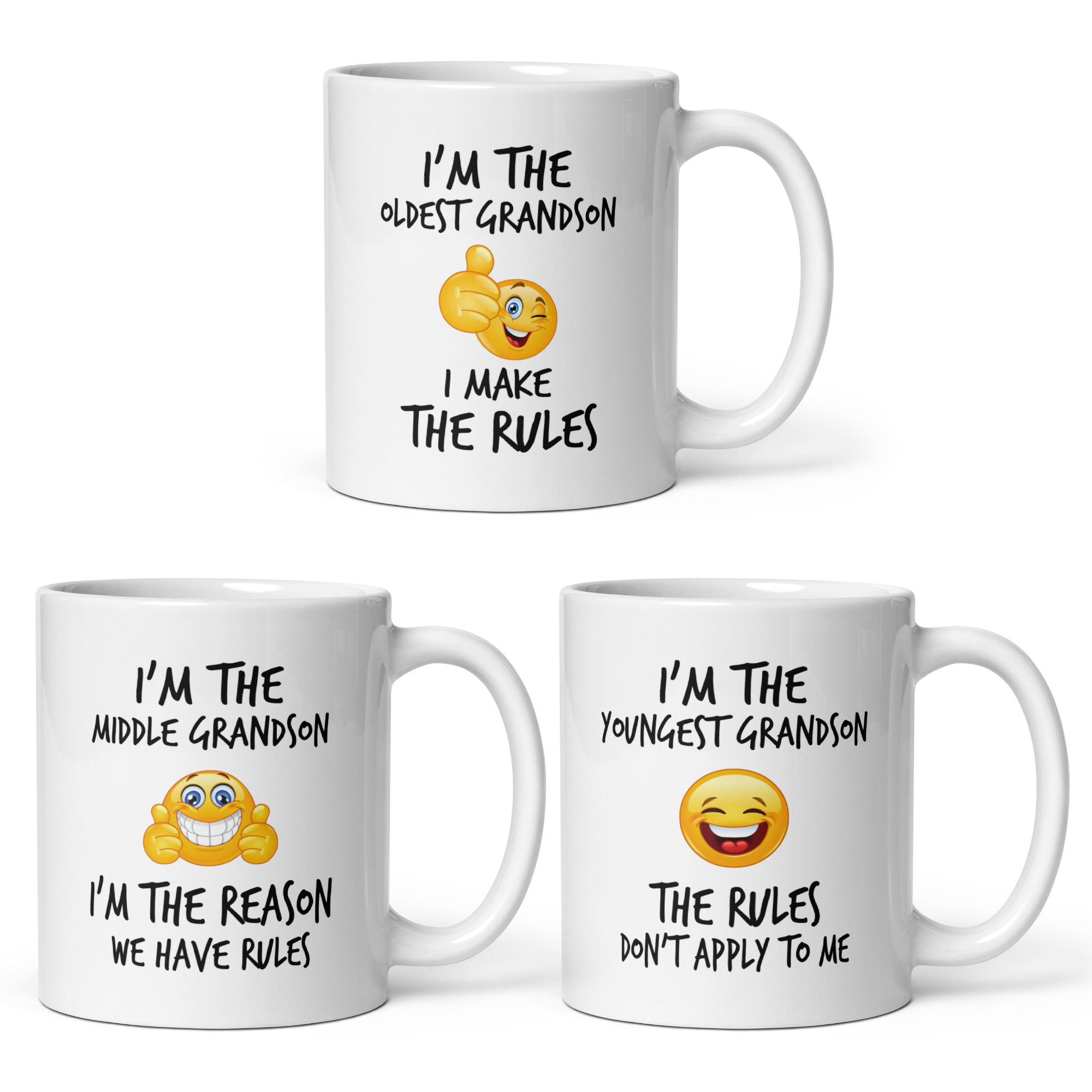 Oldest Middle Youngest Grandson Rules 11oz White Glossy Ceramic Mug Set of 3 - Funny Grandparent Gift